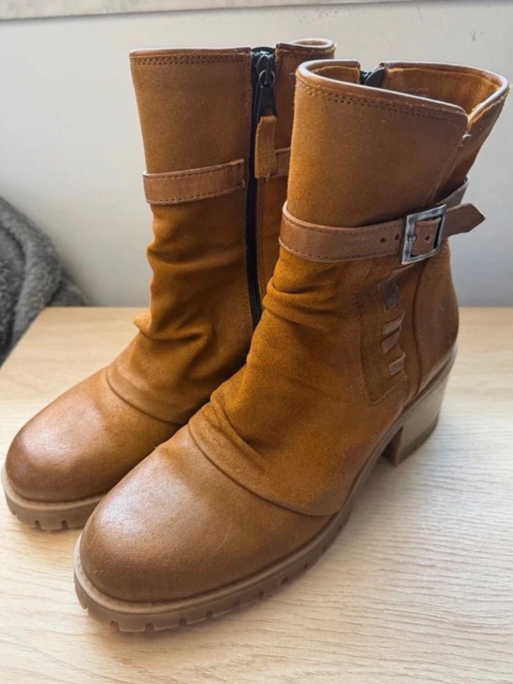 Miz Mooz Tan Suede Block-Heel Buckle Ankle Boots